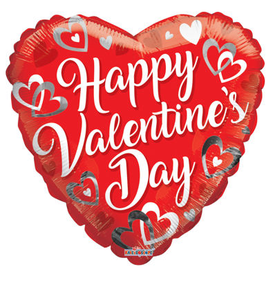 Picture of 18" Happy Valentine's Day with White and Silver Hearts - Foil Balloon  (helium-filled)