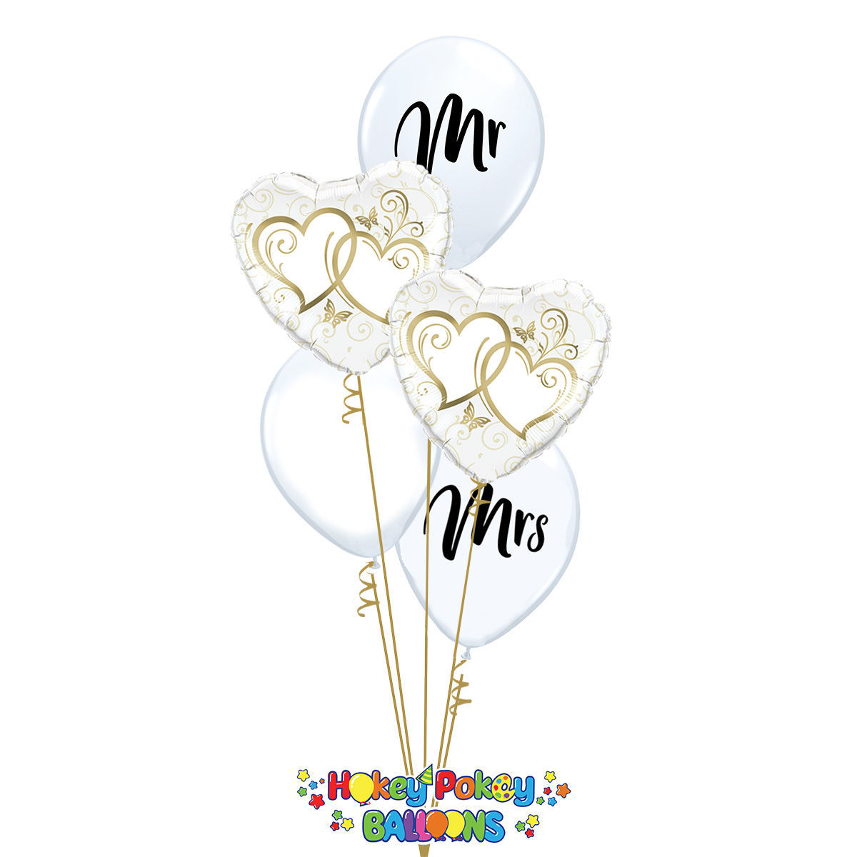 Picture of Couple of Entwined Gold Hearts - Balloon Bouquet of 5