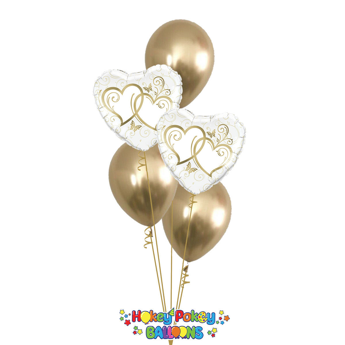 Picture of Entwined Gold Hearts - Balloon Bouquet of 5
