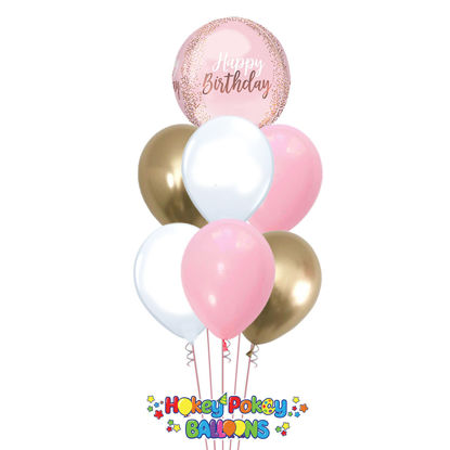 Picture of Blush Birthday with Gold Balloon Bouquet of 7